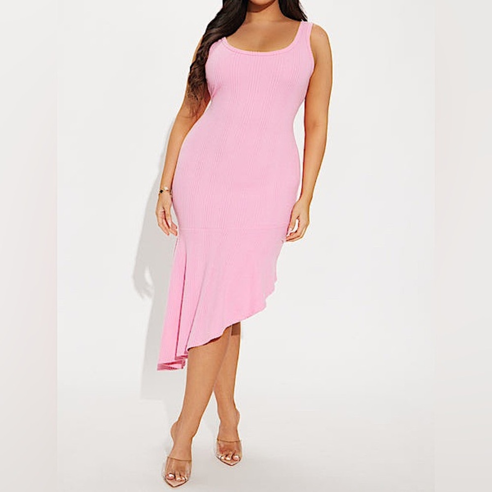 💗💕 🍬NWT Pink Asymmetrical Ribbed Dress Sz L🍬💕💗 - Picture 3 of 3